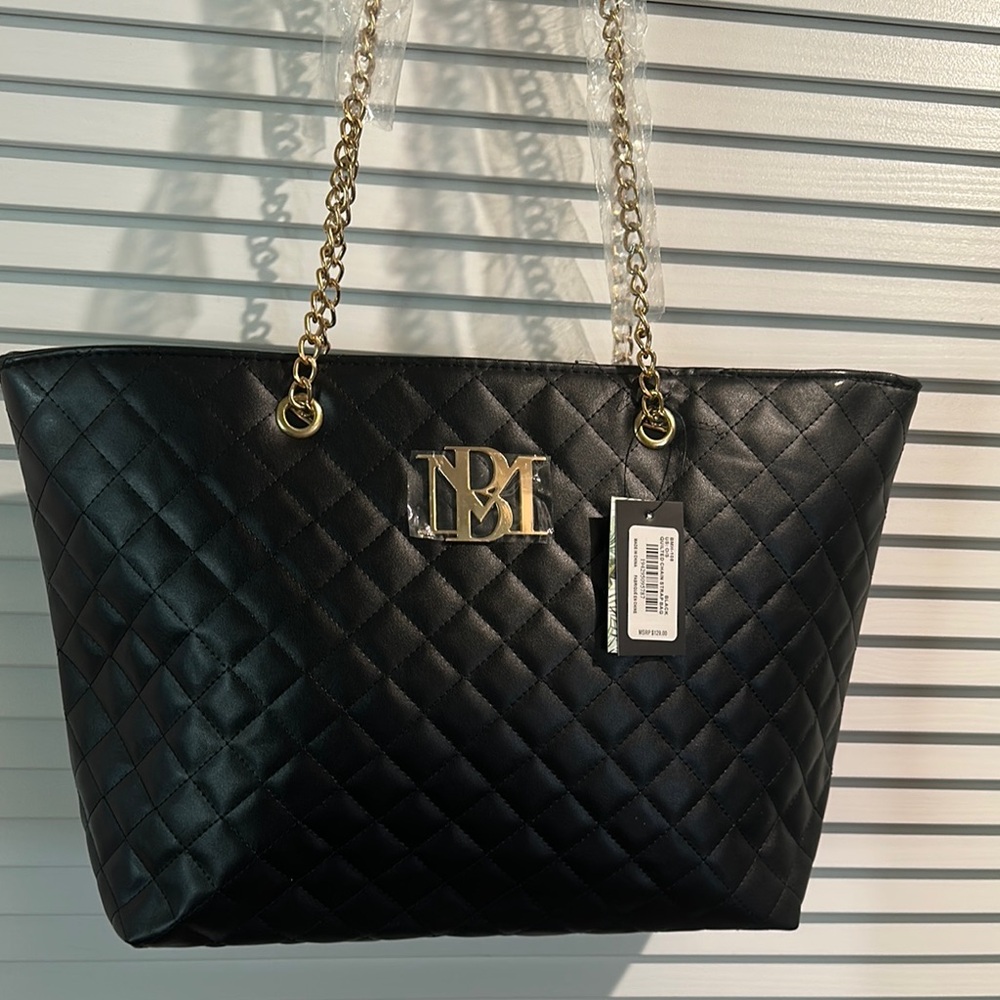 NWT Badgley Mischka Black Quilted Vegan Leather Tote Bag with Goldtone hardware.